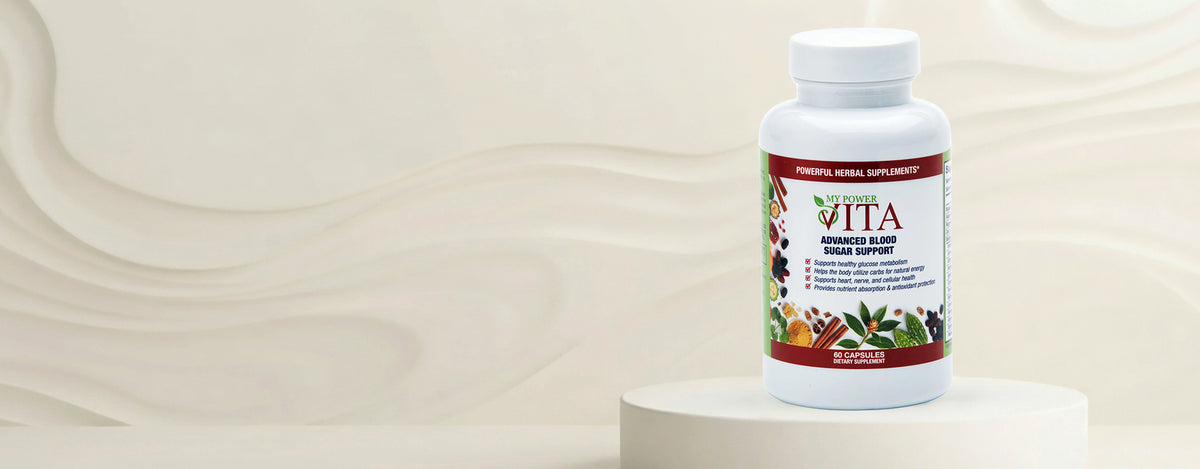 A white MyPowerVita supplement bottle displayed on a pedestal against a beige background with decorative wavy line accents.