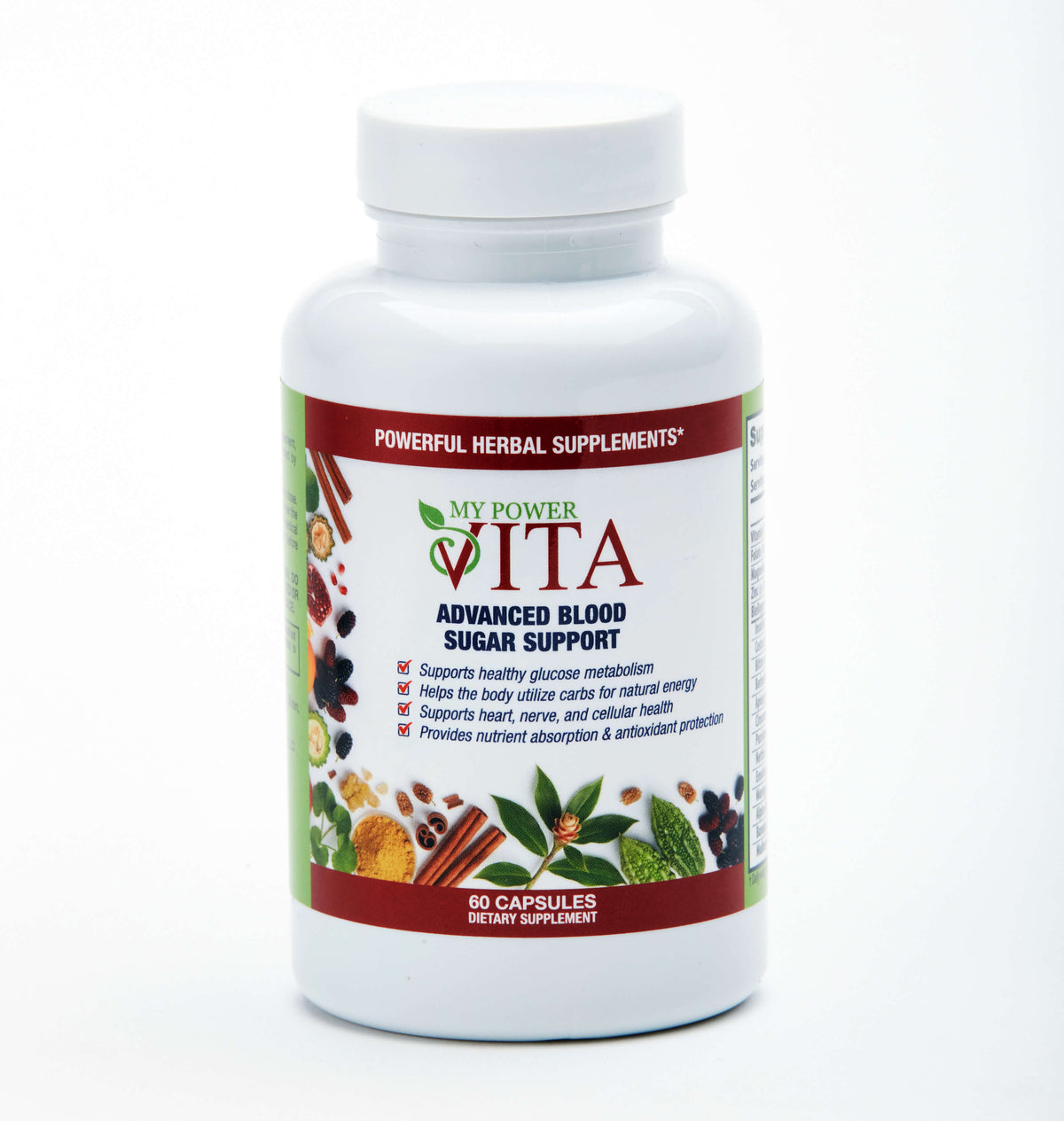 A white plastic bottle of 'My Power Vita Advanced Blood Sugar Support' dietary supplement, featuring a white cap and a label with red, green, and multicolor botanical illustrations, set against a plain white background.