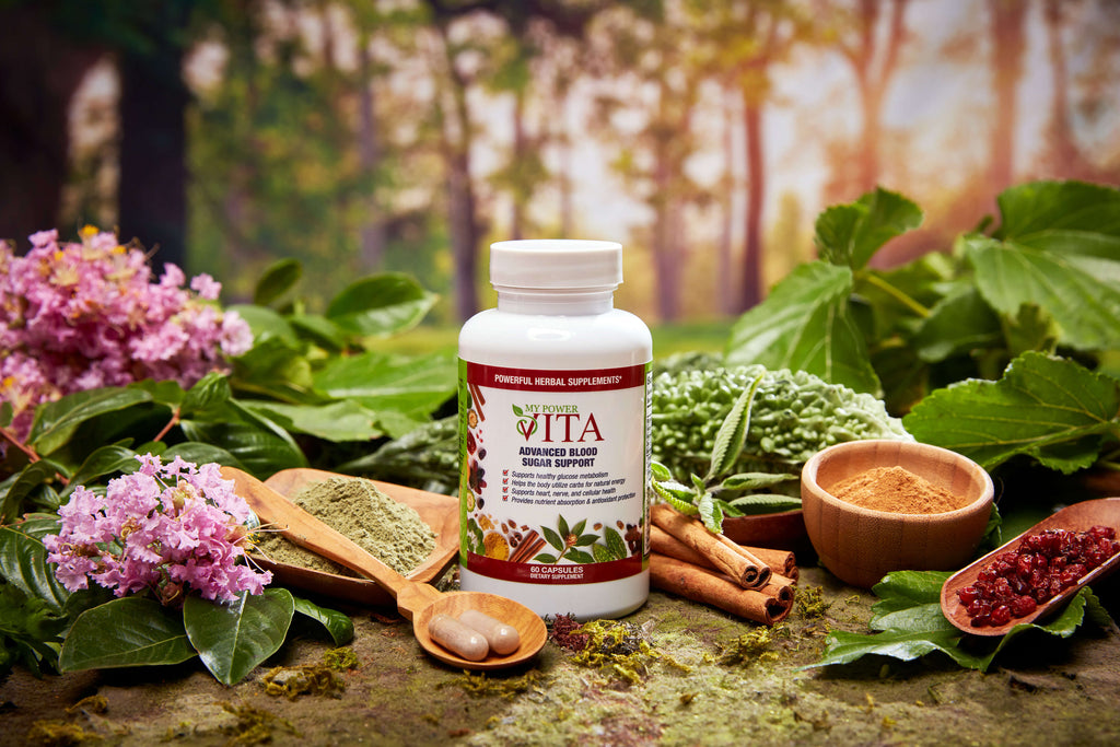 A white MyPowerVita supplement bottle displayed in a forest setting surrounded by natural ingredients, including green leaves, pink flowers, cinnamon, and spices.