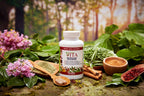 A white MyPowerVita supplement bottle displayed in a forest setting surrounded by natural ingredients, including green leaves, pink flowers, cinnamon, and spices.