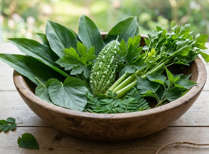 A wooden bowl holding bitter melon and leafy green herbs in a garden setting