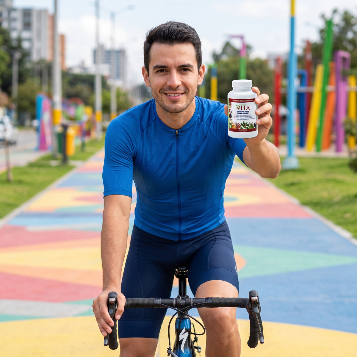 A man in a blue cycling jersey and shorts holds up a white bottle of VITA dietary supplements while riding a bicycle on a colorful paved path in an outdoor park.
