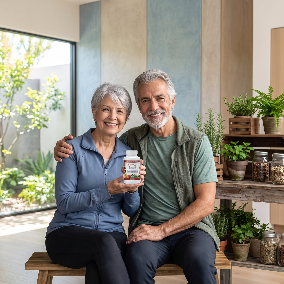 An older couple sitting together on a wooden bench in a bright, modern home interior. The woman holds a white bottle of dietary supplements.