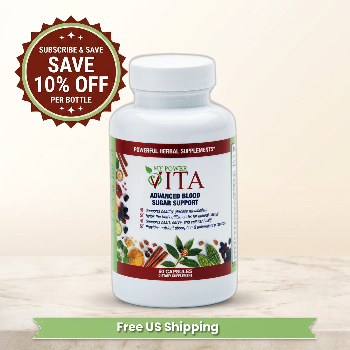 MyPowerVita subscription: save 10% per bottle plus free US shipping