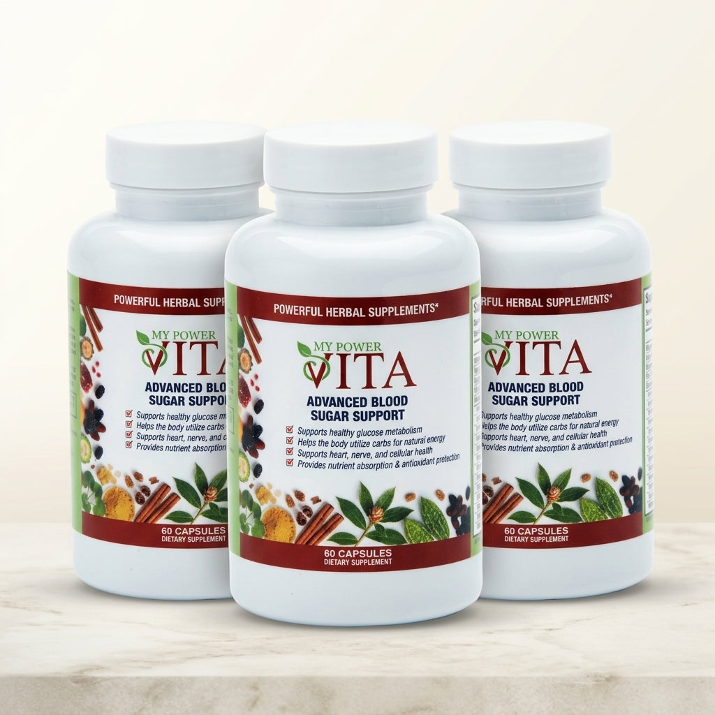 Three MyPowerVita supplement bottles shown together as the Three Pack option