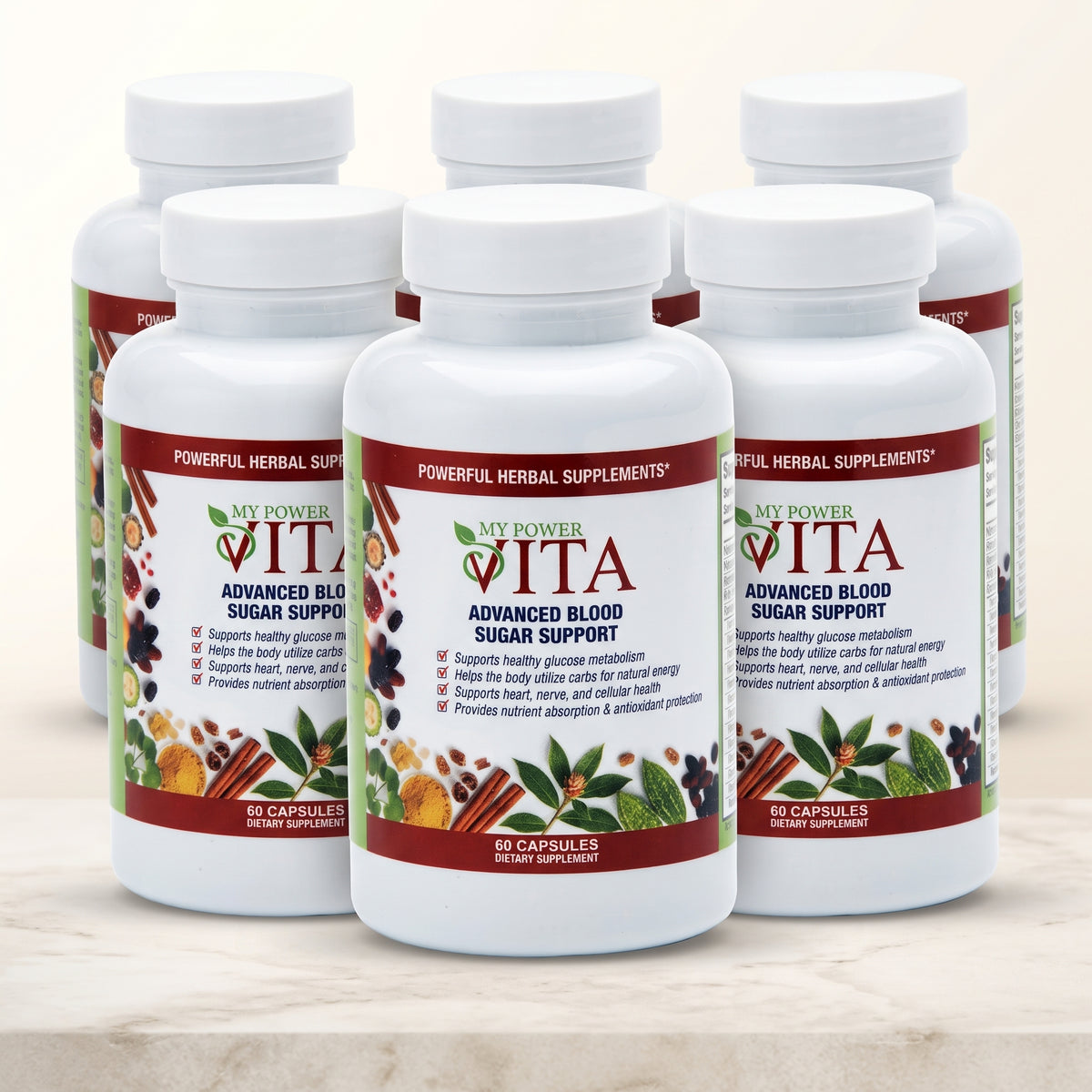 Six MyPowerVita supplement bottles shown together as the Six Pack option
